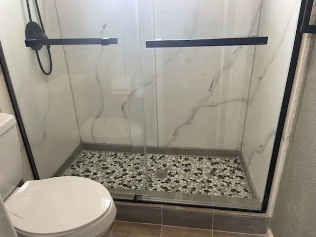 Shower with black framed glass doors